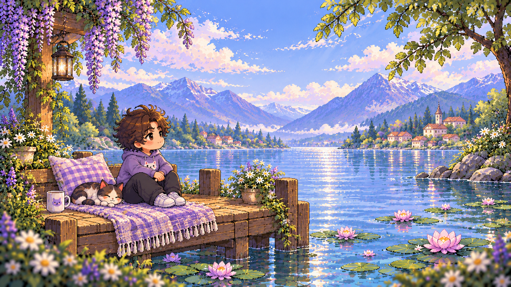 Persona descansando junto a un lago con montañas al fondo