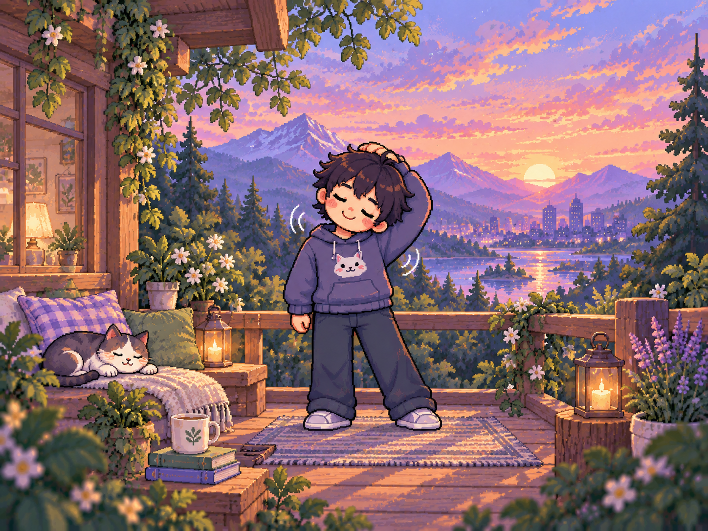 Persona tomando una pausa tranquila en un balcón al atardecer